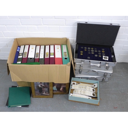 457 - Collection of Uk & world pre decimal and later coins, including a box of coin folders and four metal... 