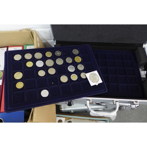 457 - Collection of Uk & world pre decimal and later coins, including a box of coin folders and four metal... 