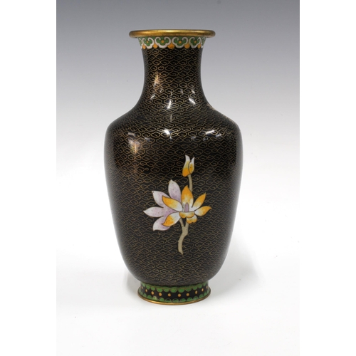 102 - Cloisonne baluster vase with blossoms on a black field, 25cm