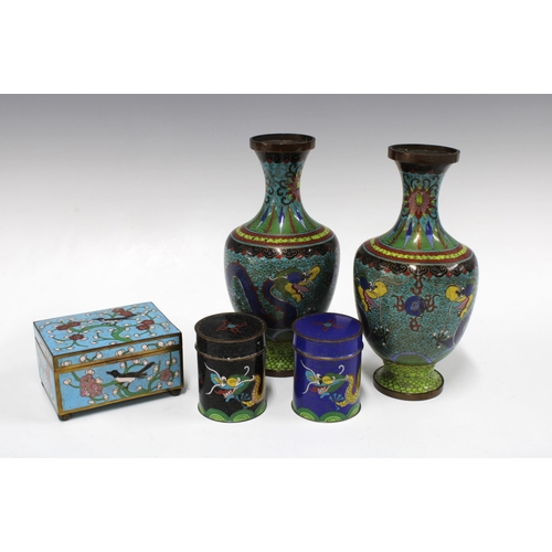 103 - Two Cloisonne dragon vases, 23cm, together with two small cloisonne jars with covers, and a cloisonn... 