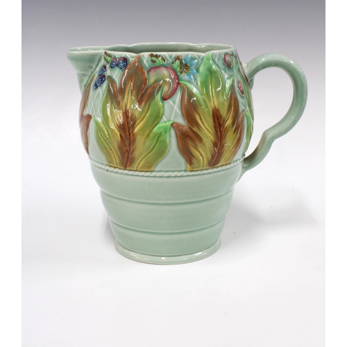 107 - Clarice Cliff Celtic Leaf and Berry pattern jug with a celadon ground, 18cm