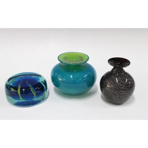 109 - Mdina glass vase and another, taller 12cm, together with a Mdina paperweight (3)