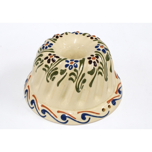 111 - Vintage pottery Bundt mould with scandy painted pattern,  20 x 10cm