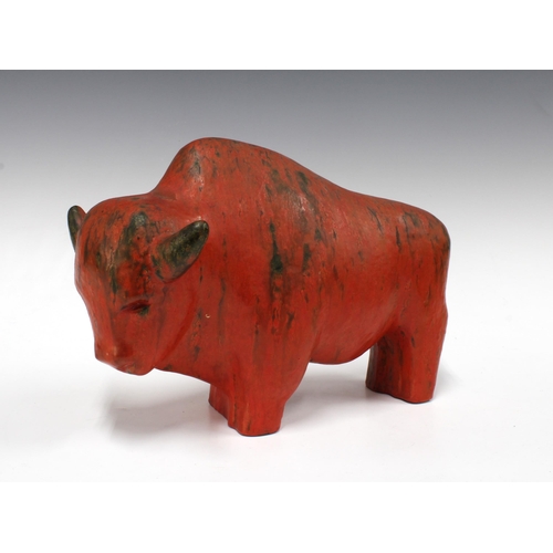 113 - Kurt Tschorner for Ruscha Keramik, a vintage West German figure of a bull with red / orange glaze, 3... 