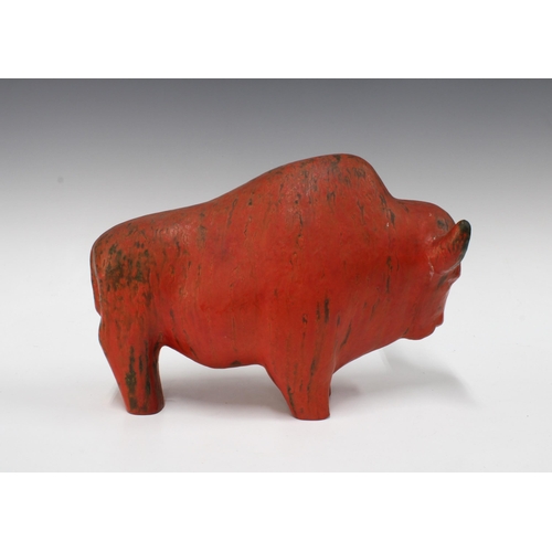 113 - Kurt Tschorner for Ruscha Keramik, a vintage West German figure of a bull with red / orange glaze, 3... 