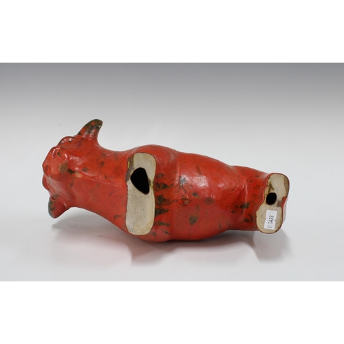 113 - Kurt Tschorner for Ruscha Keramik, a vintage West German figure of a bull with red / orange glaze, 3... 