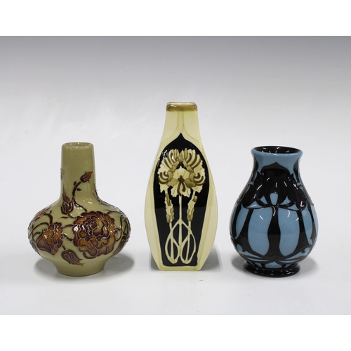 121 - Two small Moorcroft art nouveau style vases, 10cm together with a Black Ryden vase, 13cm (3)