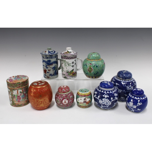 130 - Collection of chinese pottery and porcelain including three prunus ginger jars, tallest 14cm three o... 