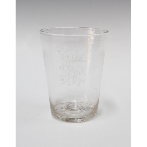 135 - A large Georgian glass tumbler, inscribed 'God Speed The Plough', two monograms and 1811, 14cm