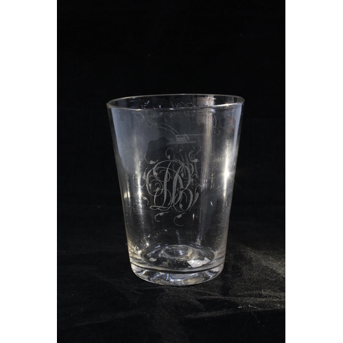 135 - A large Georgian glass tumbler, inscribed 'God Speed The Plough', two monograms and 1811, 14cm