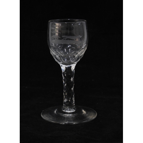 136 - Georgian facet stem wine glass, the round bowl with an engraved fox pattern, 14cm