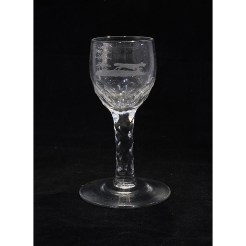 136 - Georgian facet stem wine glass, the round bowl with an engraved fox pattern, 14cm