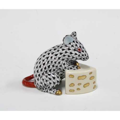 138 - Herend handpainted fishnet porcelain mouse with cheese, printed factory marks and model number 15767... 