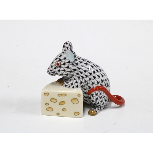 138 - Herend handpainted fishnet porcelain mouse with cheese, printed factory marks and model number 15767... 