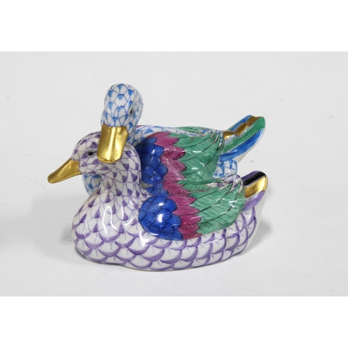 139 - Herend handpainted fishnet porcelain double ducks figure group, printed factory marks and model numb... 