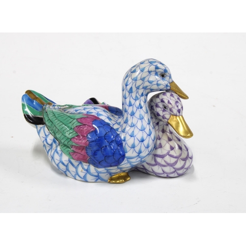 139 - Herend handpainted fishnet porcelain double ducks figure group, printed factory marks and model numb... 