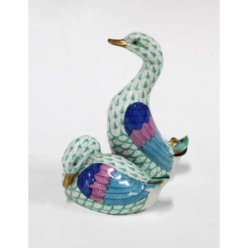 141 - Herend handpainted fishnet porcelain double ducks figure group, printed factory marks and model numb... 