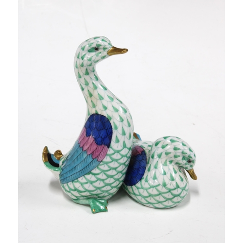 141 - Herend handpainted fishnet porcelain double ducks figure group, printed factory marks and model numb... 