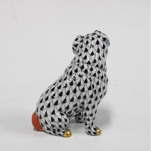 142 - Herend handpainted fishnet porcelain seated pug, printed factory marks and model number 15729, 7cm