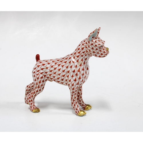 152 - Herend handpainted fishnet porcelain Boxer dog, printed factory marks and model number 15565 , 11cm