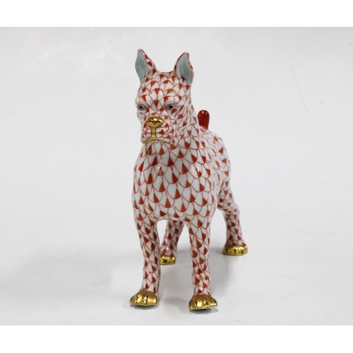 152 - Herend handpainted fishnet porcelain Boxer dog, printed factory marks and model number 15565 , 11cm