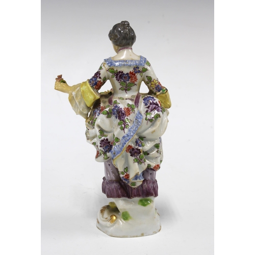 155 - Meissen figure of a flower seller, blue crossed swords mark, circa 1880, 14cm, a/f