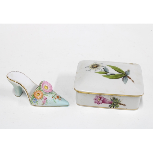 157 - Herend floral painted trinket box, 10 x 4cm, together with a Herend porcelain shoe (2)