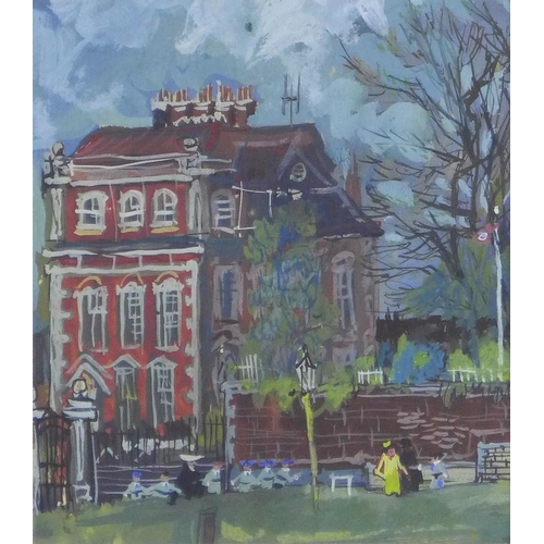 173 - Three Storey building in parkland, unsigned gouache, framed under glass, 19 x 21cm