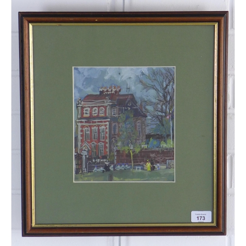 173 - Three Storey building in parkland, unsigned gouache, framed under glass, 19 x 21cm