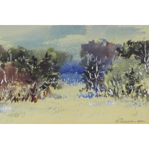 175 - PURVES, mixed media landscape, signed and dated 2000, framed under glass, 22 x 14cm