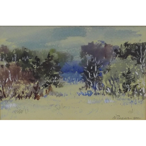 175 - PURVES, mixed media landscape, signed and dated 2000, framed under glass, 22 x 14cm