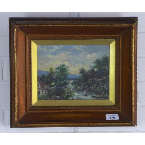 176 - J.V. HALL, untitled oil on board of a cottage in a wooded landscape, signed and dated 1891, framed u... 