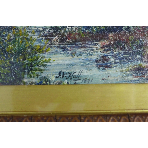 176 - J.V. HALL, untitled oil on board of a cottage in a wooded landscape, signed and dated 1891, framed u... 