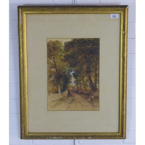 178 - 19TH CENTURY ENGLISH SCHOOL, watercolour of a woodland path with figures, signed with initials and d... 