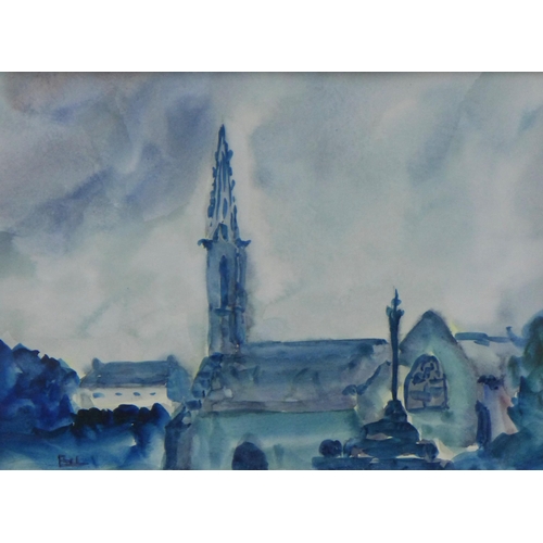 187 - BEL MANUEL, watercolour of a church steeple, signed and framed under glass, 26 x 20cm