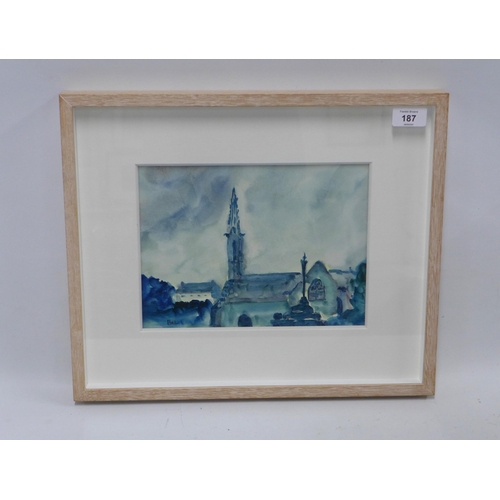 187 - BEL MANUEL, watercolour of a church steeple, signed and framed under glass, 26 x 20cm