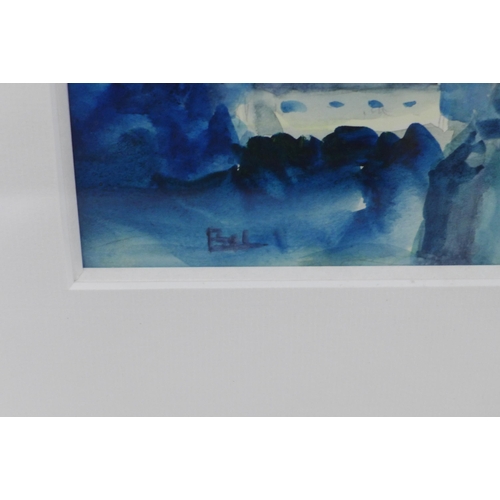 187 - BEL MANUEL, watercolour of a church steeple, signed and framed under glass, 26 x 20cm