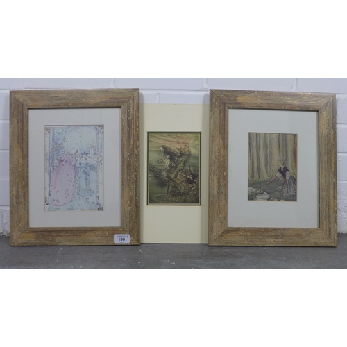 190 - After Arthur Rackham, a framed print and another unframed print together with a framed Jessie Marion... 