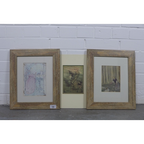 190 - After Arthur Rackham, a framed print and another unframed print together with a framed Jessie Marion... 