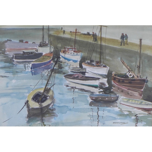 193 - HENRY LOWES, two watercolours to include a landscape and a harbour scene, signed and framed under gl... 