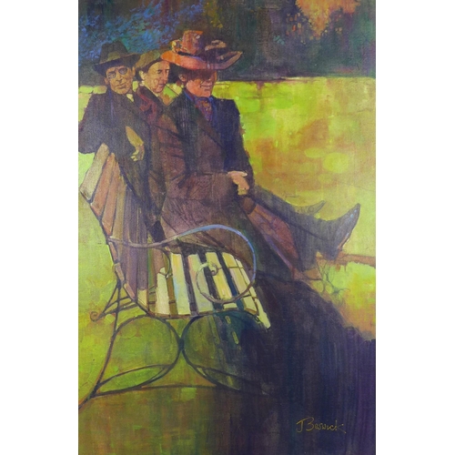 196 - J. BESWICK, large oil on canvas of three figures seated on a bench, signed and framed, 57 x 88cm