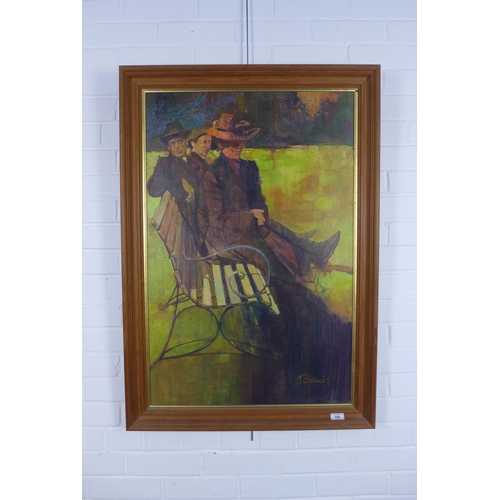 196 - J. BESWICK, large oil on canvas of three figures seated on a bench, signed and framed, 57 x 88cm