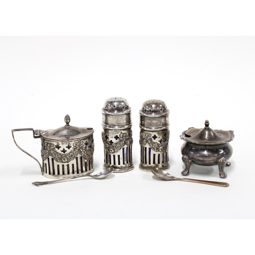 20 - Edwardian silver three piece condiment set, Birmingham 1906 and an Epns salt (4)