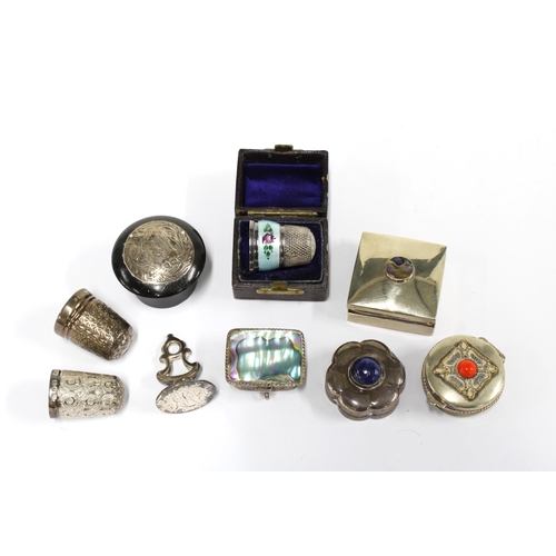 25 - Five various silver and white metal trinket / pill boxes, a silver thimble and two others and a silv... 