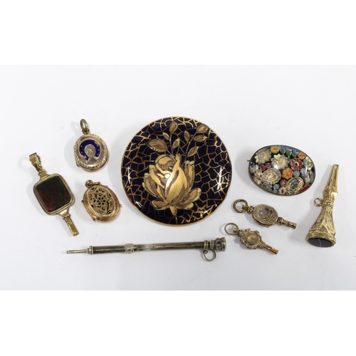 27 - A collection of watch keys, lockets, a pencil and two brooches, (9)