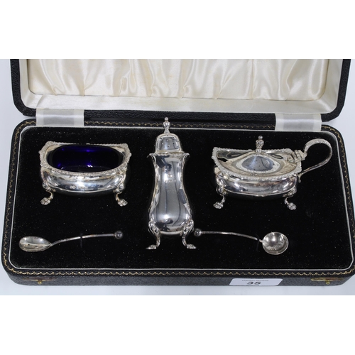 35 - Silver condiment set in fitted case, Birmingham 1958