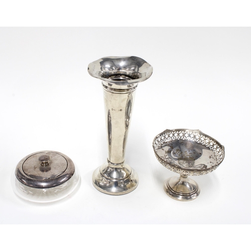 36 - Birmingham silver flower vase, a small Birmingham silver comport and a silver topped glass jar by Ma... 