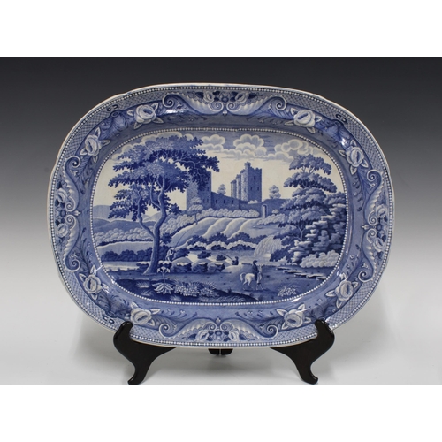 364 - A large  'Scotch View' blue and white ashet with unusual crown backstamp, 51 x 39cm