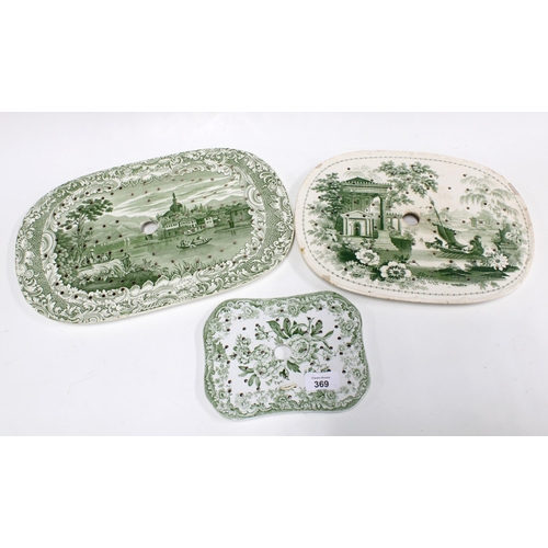 369 - Three Staffordshire green and white transfer printed mazarine drainers, largest 37 x 25cm, smallest ... 