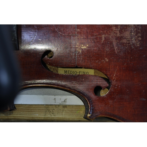 371 - Medio Fino violin, with single back, label inside and with bow in case, violin length including butt... 